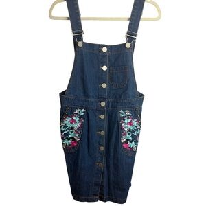POL Floral Embroidered Denim Overall Dress Boho Casual Adjustable Size Small